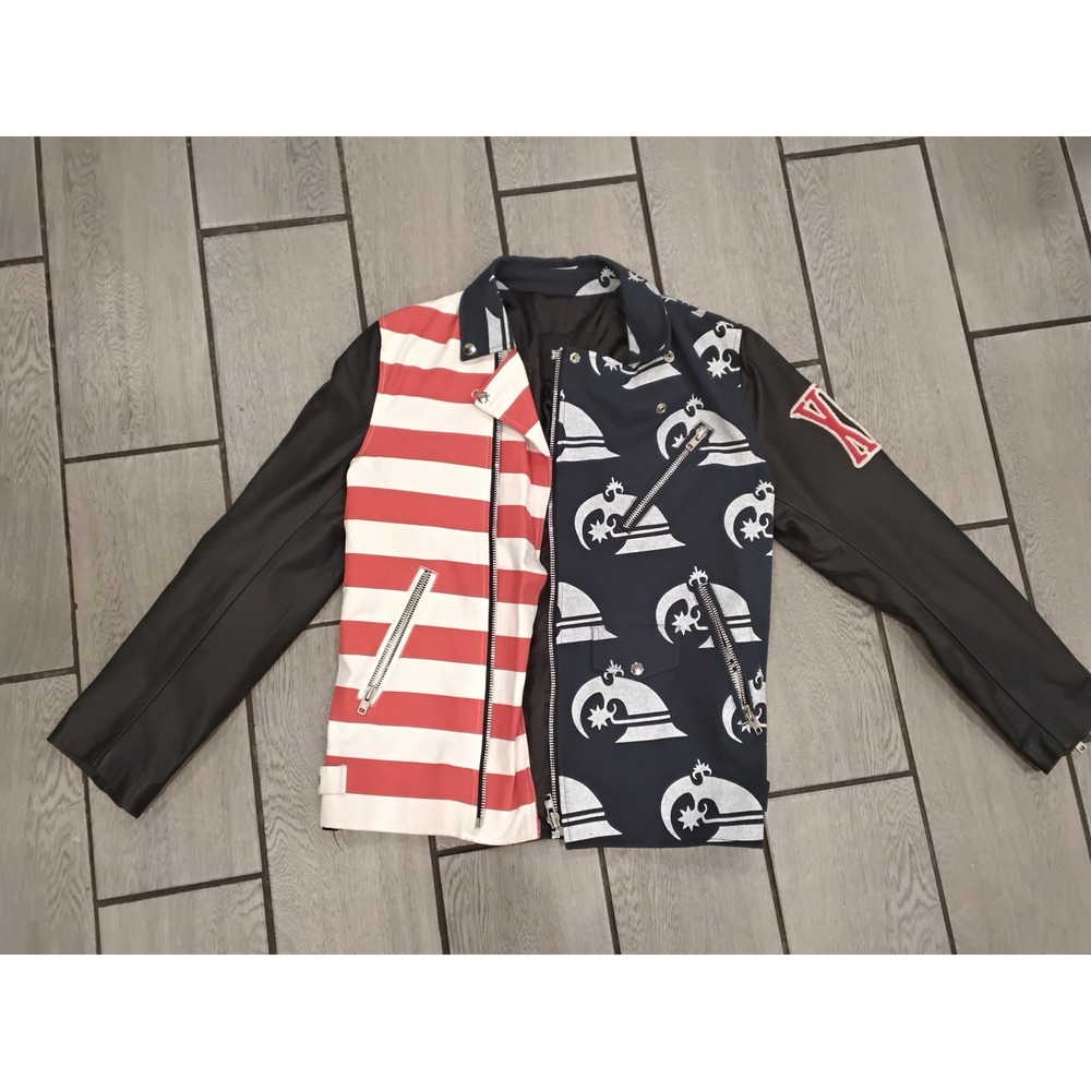 KTZ Kokon To Zai Mens Leather Moto Jacket Split Stripe Graphic Print Black Small